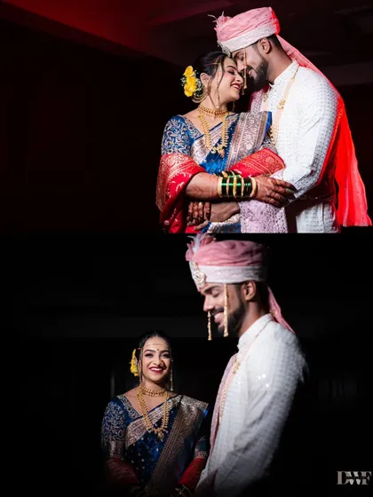 A collage of intimate portraits of the couple after their wedding. The dramatic lighting and their loving expressions create a romantic and cinematic feel.