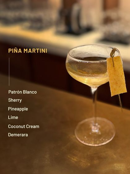 Our Piña Martini offers a tropical escape. Patrón Blanco, sherry, pineapple, and coconut cream create a sophisticated, creamy, and vacation-worthy drink.