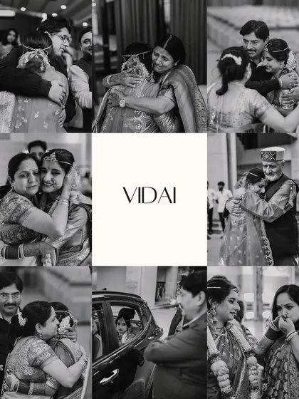 The Vidai is one of the most emotional moments of a wedding. This black and white collage captures the bittersweet goodbyes, the tears, and the tight hugs, preserving the profound love between a bride and her family as she begins her new journey.