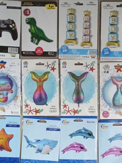 In addition to baby themes, I also stock foil balloons for other party themes. This includes mermaid, dinosaur, gaming, and sea animal designs for birthdays or other events.