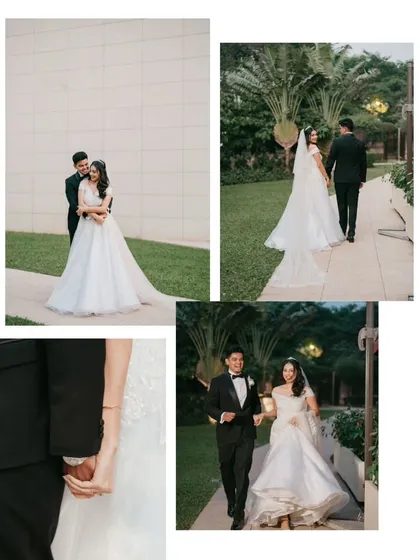 A collage of Jennifer and Rydel on their wedding day. These images capture the classic romance of a white wedding, from walking down a garden path to a close-up of them holding hands.