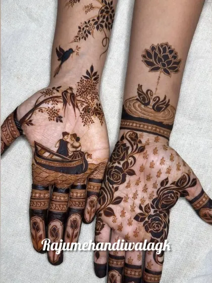 Your mehendi can tell any story you want. For this bride, we created a modern and romantic scene of the couple in a boat, along with swans and a lotus. It shows that we can create unique, personal designs beyond traditional figures.