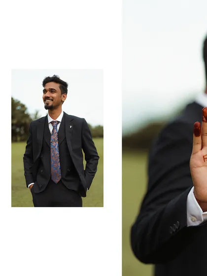 A collage of the groom, Aman, showcasing his style and happy demeanor on his special day, including a creative shot of his hand with his bride's name.