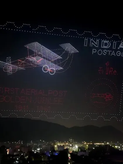 As part of our record-breaking show in Amaravati, we recreated the iconic first aerial post stamp from 1911. This formation highlights our ability to render intricate historical details with thousands of points of light, celebrating India's rich heritage.