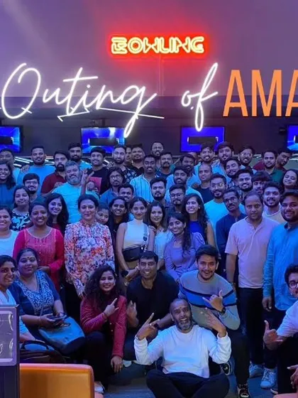 We were thrilled to host a massive team outing for Amazon. This shot captures the entire crew after a day of bowling, gaming, and team bonding, showing we can handle large corporate events with ease.