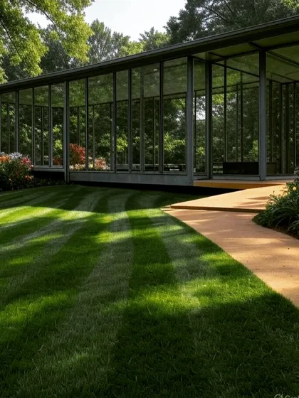 The interplay of light and shadow on a glass building surrounded by nature. This demonstrates how thoughtful design can create a dynamic and visually interesting structure at any time of day.