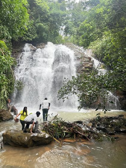 Exploring the base of another beautiful waterfall. The monsoon brings these streams to life, creating countless spots to discover.