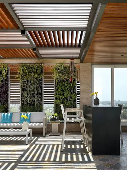 A modern terrace bar and lounge area shaded by a rafter pergola. The design incorporates vertical green walls, blending natural elements with contemporary architecture for a refreshing urban oasis.