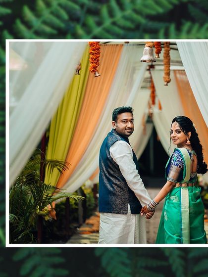 A modern, graphic-style layout for a wedding album, framing a beautiful couple portrait with natural leaf textures.