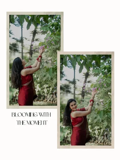 A creative collage with a vintage feel, showing a woman in a red saree joyfully interacting with flowers, titled "Blooming with the moment".