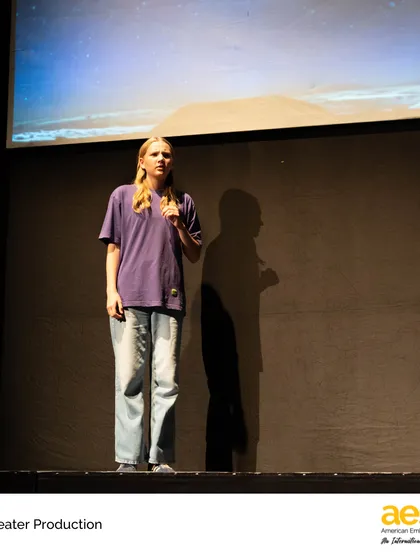 A student delivers a monologue during "The Sad Club." Our theatre program provides a platform for individual expression and helps students build the confidence to command a stage.