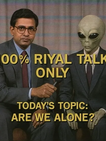 Another 'Riyal Talk Only' segment, this time with an alien guest discussing 'Are we alone?'. This series uses a familiar news debate format to explore sci-fi themes with deadpan humor.