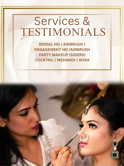A list of my services, including Bridal HD/Airbrush, Engagement, Party Makeup, and looks for Cocktail, Mehendi, and Roka events.