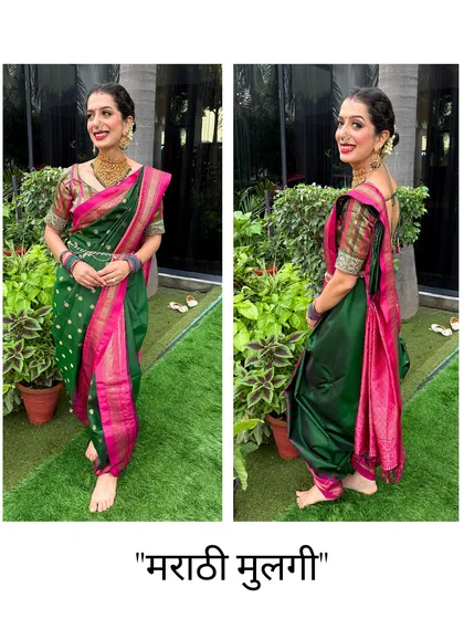 A "Marathi Mulgi" moment. This collage shows the front and side views of my traditional look, capturing the grace and beauty of Maharashtrian culture.