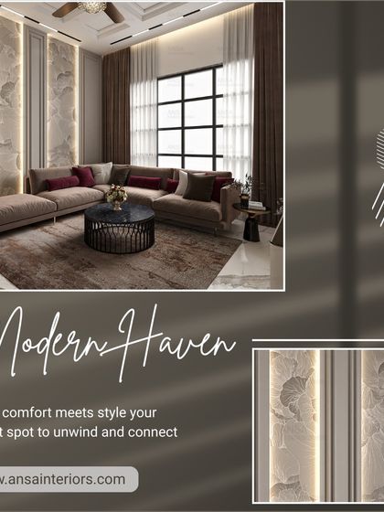 A modern haven where comfort meets style. This living room uses a neutral color palette, a large area rug to ground the space, and subtle backlighting on the wall panels to create a warm and inviting atmosphere.