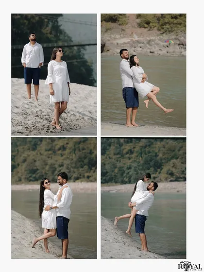 A four-panel grid capturing a series of fun and romantic interactions of a couple on the sandy riverbank.