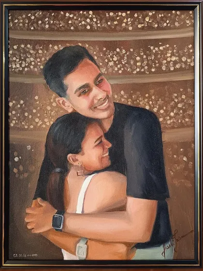 A candid, happy moment between a couple, immortalized on canvas. This custom portrait captures a genuine embrace and makes for a heartfelt gift.