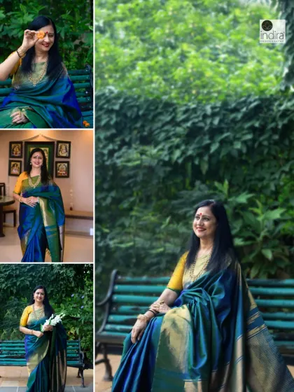 This collage demonstrates a full range of possibilities for a single handloom saree. We captured indoor portraits, outdoor lifestyle shots, and close-ups to provide a complete visual story for the brand.