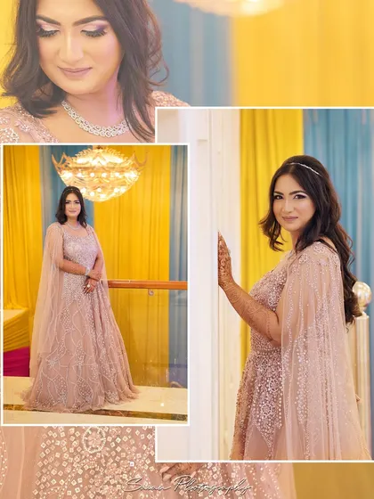 A collage of the bride's portraits from her engagement, showcasing her elegant gown and happy expressions.