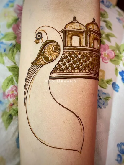 The start of a creative design combining a peacock with a palace. The outline shows how I blend two different elements into one cohesive figure.