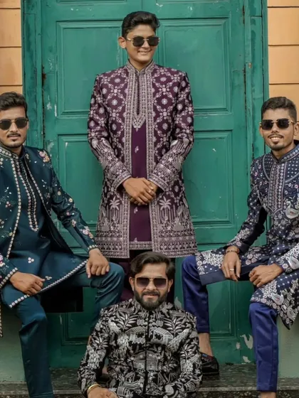Another group shot featuring a rich purple embroidered indowestern jacket, showing the range of custom colors available.