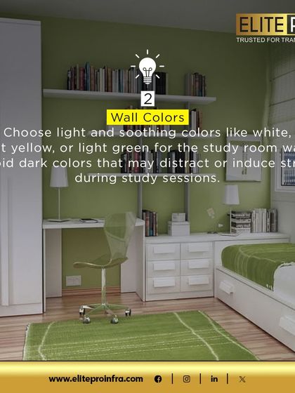 Vastu Tip 2: Choose light and soothing wall colors like white, light yellow, or light green for study room walls to avoid distractions and reduce stress during study sessions.