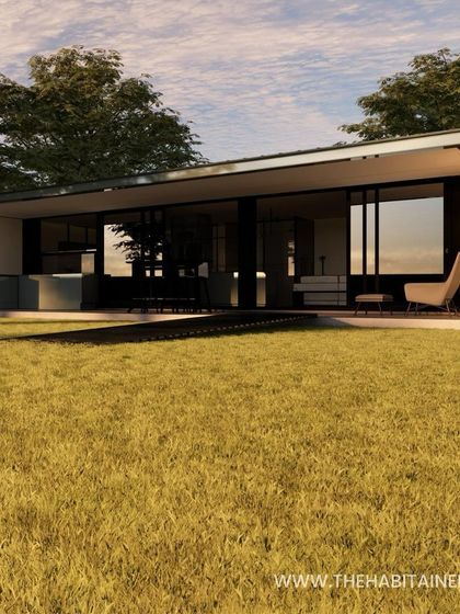 An exterior render of the 80ft long studio container home. The design features a long, open facade with large sliding glass doors that connect the interior to a spacious deck and the surrounding landscape.