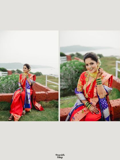 A diptych of the bride in her vibrant red and blue Paithani saree, posing against the beautiful coastal backdrop of her beach wedding.