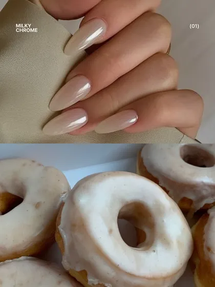 You can't go wrong with the viral glazed donut look. I achieve this milky chrome finish by layering sheer nude polish with a pearlescent chrome powder for that perfect, subtle glow.
