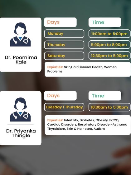 Dr. Poornima Kale and Dr. Priyanka Thingle are available in Dadar, specializing in skin, hair, women's problems, and chronic conditions like diabetes and PCOD.