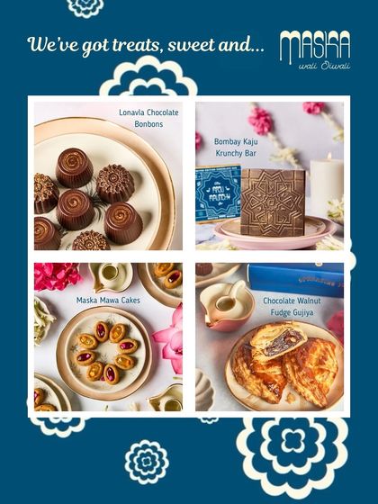 A snapshot of our sweet treats for Diwali, including Lonavala Chocolate Bonbons, the Bombay Kaju Krunchy Bar, Mawa Cakes, and Chocolate Walnut Fudge Gujiya.