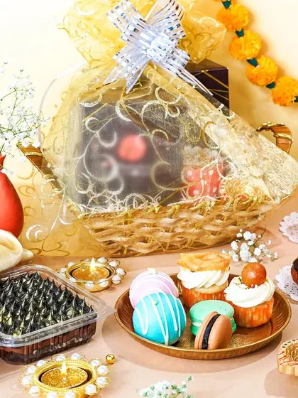 A beautifully wrapped Diwali gift basket filled with cupcakes, macarons, and other baked treats. The warm lighting and festive props create a sweet and inviting image.