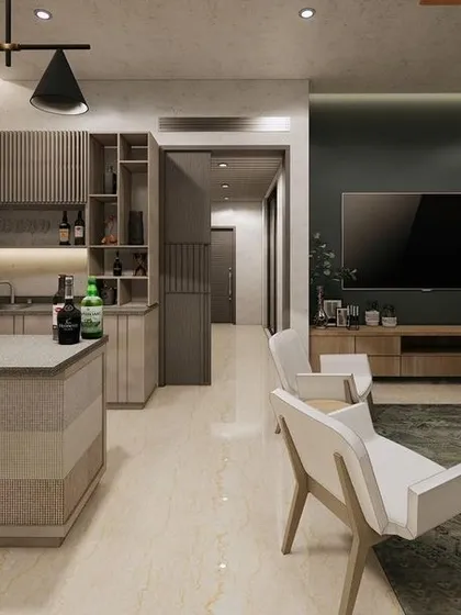 This visualization of an entertainment area includes a home bar and a comfortable living space, designed with a dark accent wall and warm wood tones.