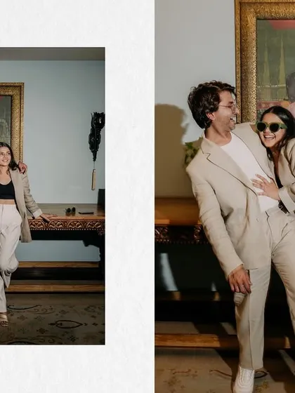 A diptych showing two sides of the couple's personality. On the left, a stylish pose, and on the right, a playful, candid moment, both captured indoors to showcase the elegant interiors of the palace hotel.