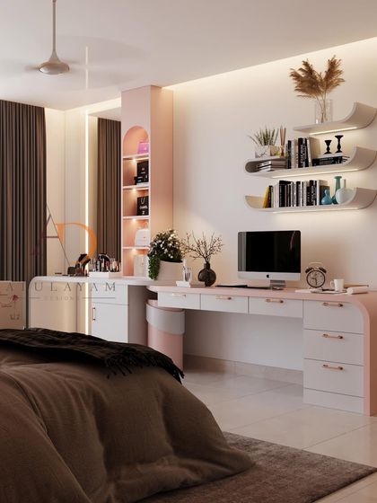 This bedroom features a multi-functional unit combining a study desk, vanity, and open shelving, all in a soft pink and white palette.