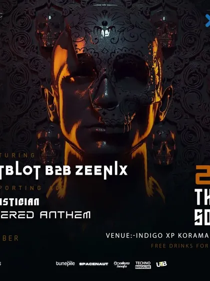 The poster for a B2B set with Zeenix at Indigo XP. Our "Comitas Rituals" nights are all about creating a unique, collaborative techno journey.
