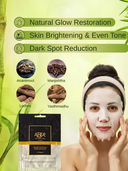 This graphic highlights the key benefits and ingredients of my bamboo sheet mask, including Anantmool, Manjishtha, Lodhra, and Yasthimadhu for glow restoration and dark spot reduction.