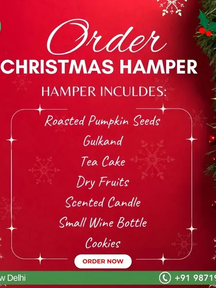 A list of items included in our customizable Christmas hamper, perfect for gifting to family, friends, or for corporate orders.