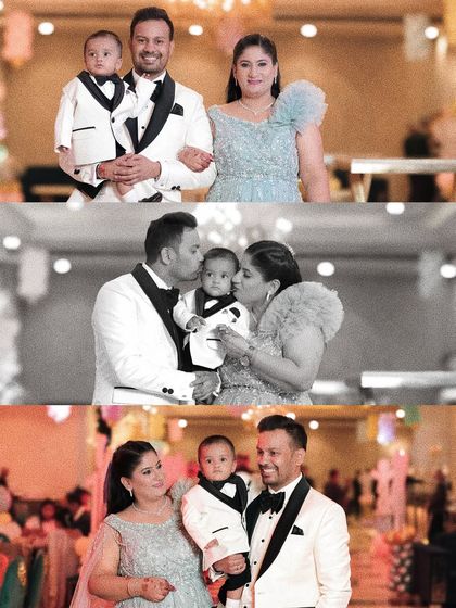 A collage of family portraits from the birthday event. It includes a formal posed shot, a black-and-white image of the parents kissing their son, and a candid family moment, showing the variety of memories captured.