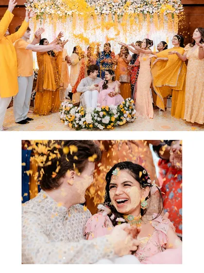 A flower shower of blessings and fun. This wide shot captures the entire family's involvement, while the close-up focuses on the couple's ecstatic reaction during their phoolon ki haldi.