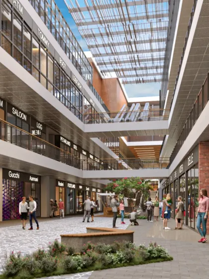 The multi-level atrium at V'lante is designed to be a vibrant social space. The open corridors and visual connections between floors create a dynamic environment that encourages movement and exploration.