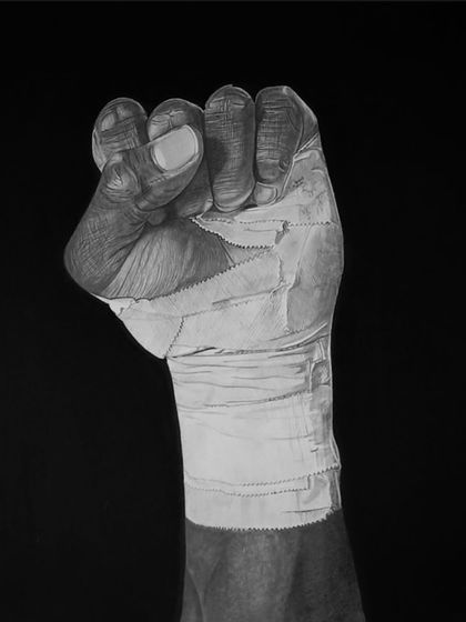 "Strength." This piece from the series shows a tightly wrapped fist, symbolizing resilience and power. It's a hyper-realistic drawing made with charcoal and graphite.