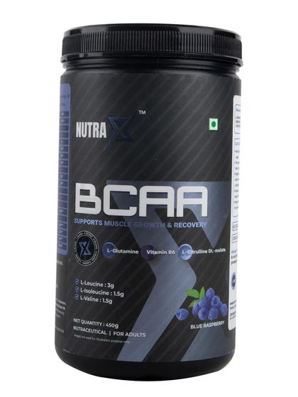 A clean, front-facing shot of the blue raspberry-flavored BCAA supplement.