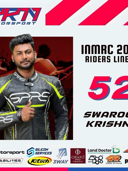 The official rider lineup graphic for Swaroop Krishna for his debut season in the INMRC 301-400cc stock novice category.