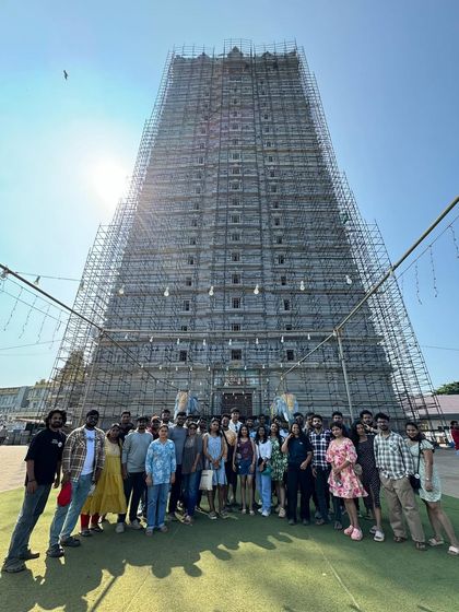 Our New Year's trip group posing in front of the Murudeshwar temple, which was under renovation but still magnificent.
