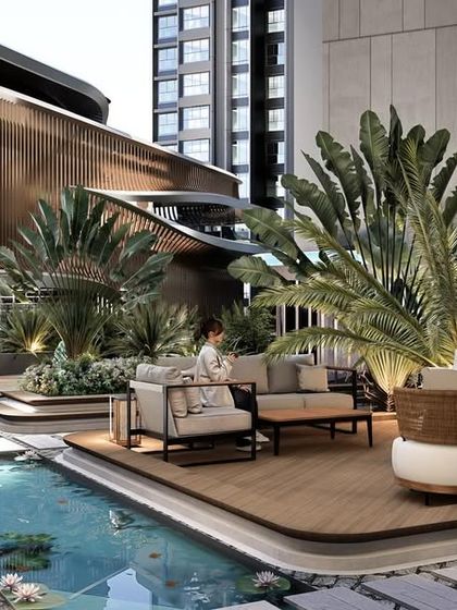 This render shows the various seating areas and relaxation zones within the clubhouse landscape. We designed sunken lounges and waterside decks to provide a variety of intimate and social spaces.