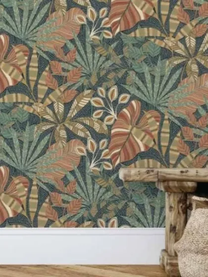 A tropical leaf pattern with a dotted, textured background in a dark colorway. This design adds a layer of detail and sophistication to the botanical theme.
