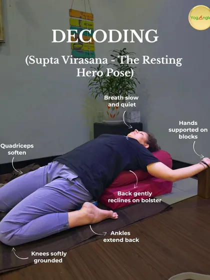 Rest is an essential part of practice. In the supported Supta Virasana, or Resting Hero Pose, we use bolsters and blocks to help the body release. This restorative posture gently stretches the front body, improves digestion, and calms the nervous system.