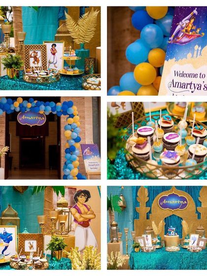 A collage showing the details of the Aladdin party, from the grand entrance with a balloon arch to the themed cupcakes and character cutouts.