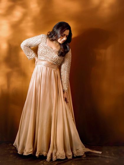 The full-length view of Spruha Varad's Filmfare gown, showing the graceful drape and silhouette. My goal was to create a look that was both glamorous and timeless.